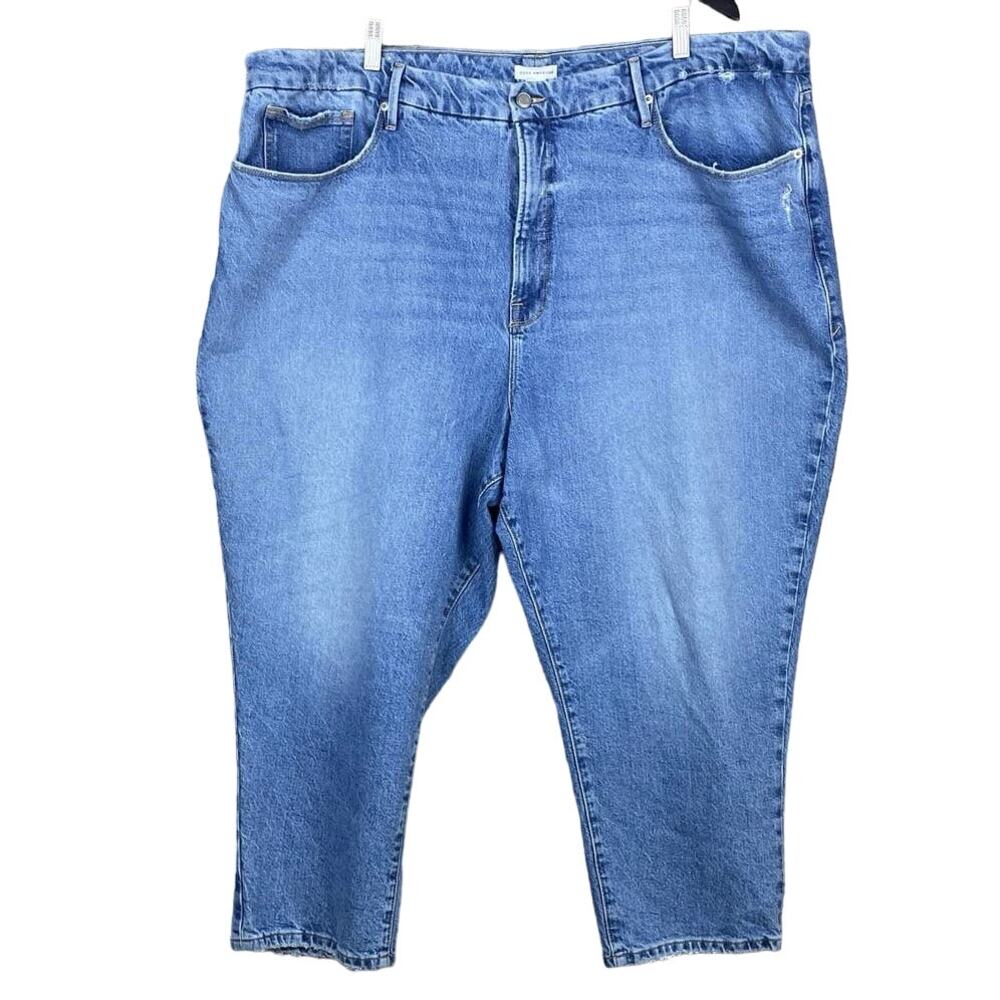 Good American Good Girlfriend High Waist Cropped Jeans Distressed Blue Size 24